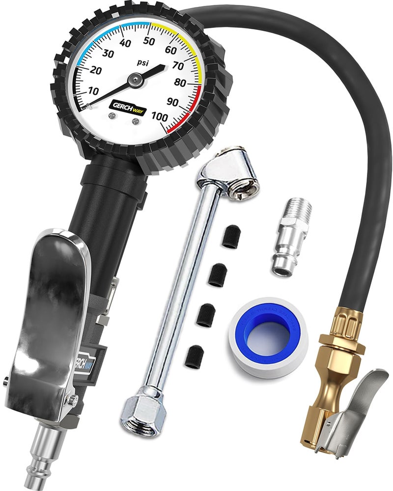 GERCHWAY Tire Inflator with Pressure Gauge and Longer Hose - Most Accurate, Heavy Duty Air Chuck with Gauge for Air Compressor Tire Inflator Attachment - 100PSI - Image 1